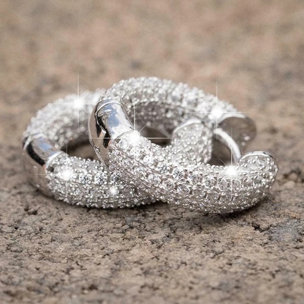 NEW 17mm Silver Round Diamond Hoop Earrings - Picture 2 of 4